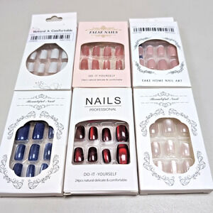 Stick On Press On False Nails Lot Of 6 Packs Pink Blue Red White At Home #2 READ